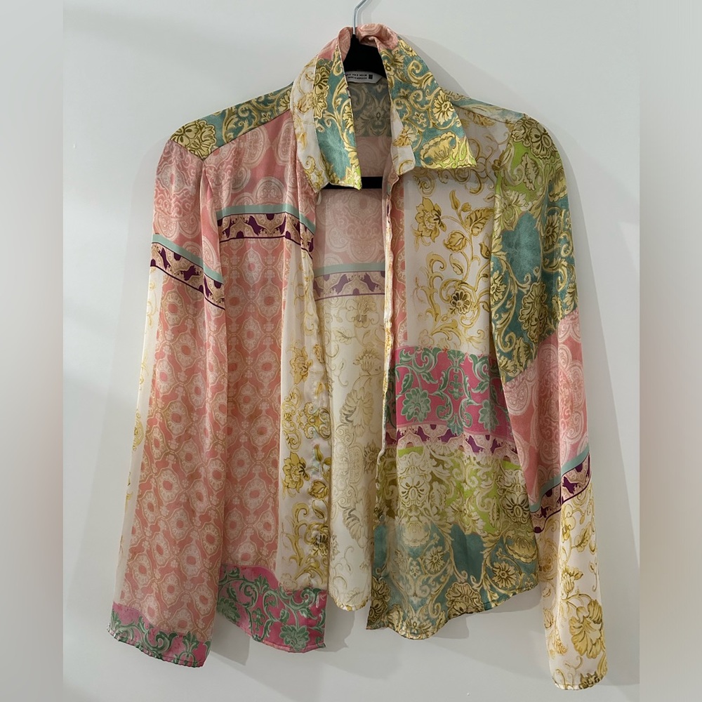 Zara Button Down Patchwork Multicolor Floral Satin - image 4